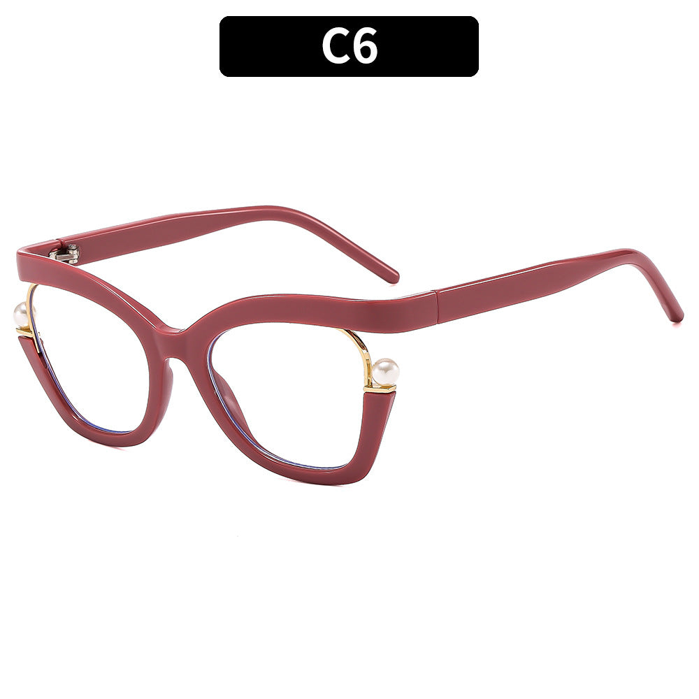Wholesale PC Anti Blue Light Pearl Decorative Eyeglass Frames with Flat Lenses